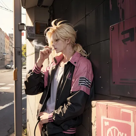 80 aesthetics. A male young adult leaning against a wall while smoking, wear a cashier uniform and look very bored while smoking. Blonde messy hair with pink strands. The young male Look stoned and tired as he lean against a wall with his cigarette. The gu...