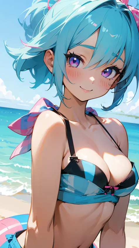 1 girl、Anime style painting、Light blue hair、Pink Eyes、Vibrant colors、black and white tube top bra、Gingham check tube top bra、My chest is a little visible、smile、Looks like a lot of fun、Upper body close-up、Sandy beach background、Sharp contours