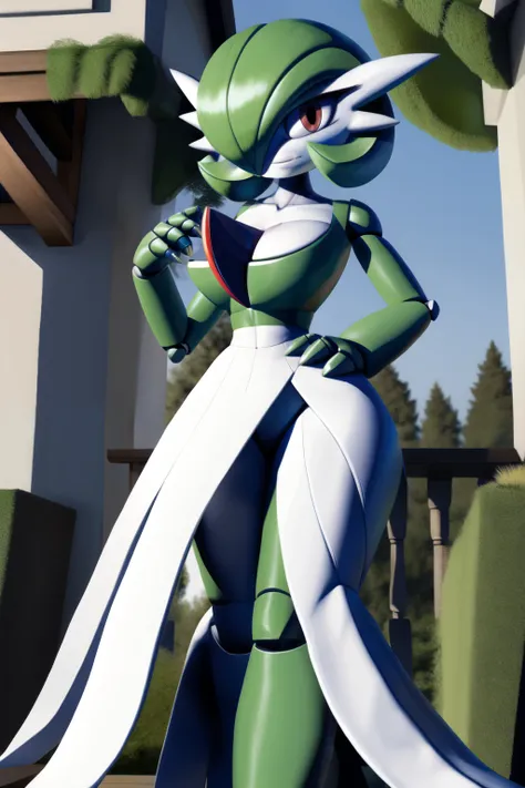 masterpiece, best_quality, 1girl, solo, gardevoir, white dress, creatures (company), game freak, nintendo, pokemon, pokemon (game), bangs, colored skin, feminine focus, big chest, big breasts, pokemon gen 3, green hair, green skin, hair over one eye, multi...