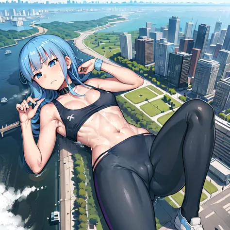 giantess, Only one girl, Lying down, Sleeping girl, (((character Sleeping girl on a mountain top next to a city))), ((Super huge high school girl bigger than a island)), Pleasure, Cleavage, Trying to crush a miniature metropolis, blue eyes, ((destroyed cit...