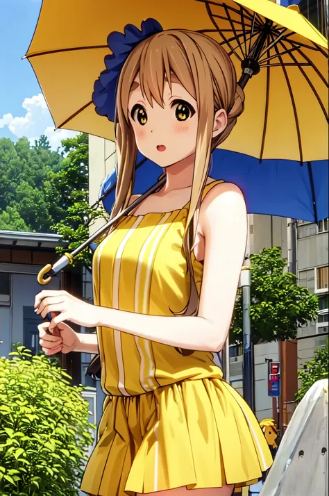 tsumugi kotobuki, brown hair, yellow hairpin, flat chest, yellow hair band, umbrella, looking at viewer