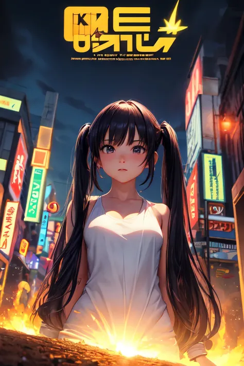 obra de arte, melhor qualidade, HuTaoV4, 1 garota, Sozinho, corar, twintails, Cabelo longo, cabelo entre os olhos, ((roupas de rua)), cidade, ao ar livre, noite, Movie poster, 8K extremamente detalhado, suave, high resolution, ultra qualidade, cinematic li...