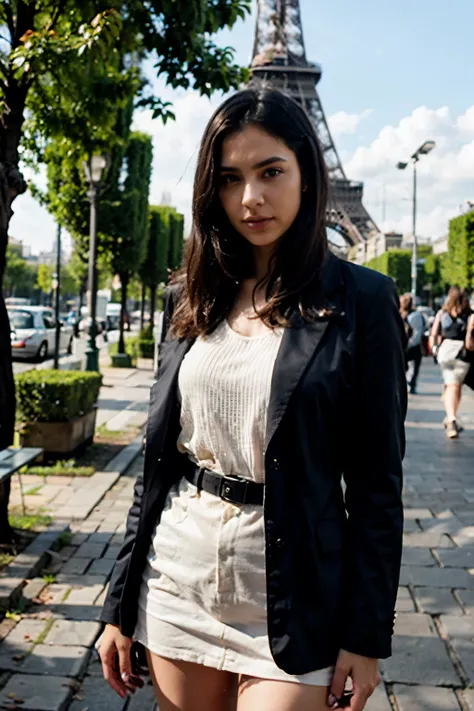 Uma mulher em trajes formais, caminhando em Paris. It is close to the Eiffel Tower, que aparece ao fundo da imagem. The photo is captured diagonally, and the woman is not looking at the camera. The image is incredibly detailed, profissional, realista e em ...