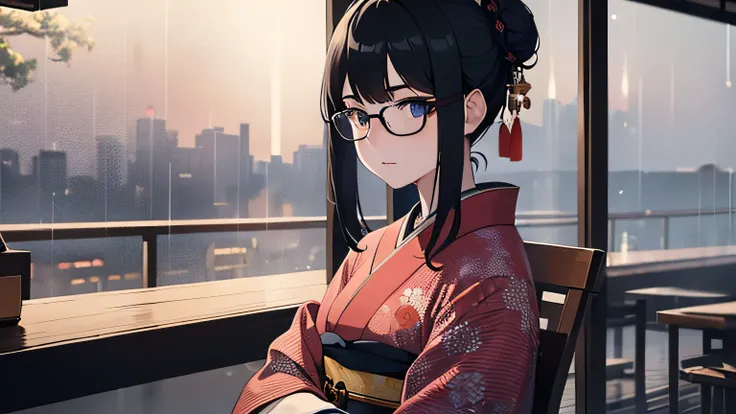 (1girl:1.3), Masterpiece, Best quality, amazing beauty, [[3D]], 4K, absurdres, finely detail, super detailed eye, perfect anatomy, official art, A beautiful girl looking into the distance in a traditional Japanese cafe, Warm lighting, Wearing a kimono, A k...