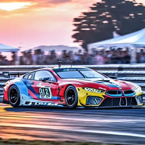 An electrifying digital art composition showcasing the BMW M8 GTE F92 dominating the iconic Le Mans track with unparalleled speed and precision. Picture the sleek silhouette of the M8 GTE slicing through the air as it navigates the legendary circuits chall...