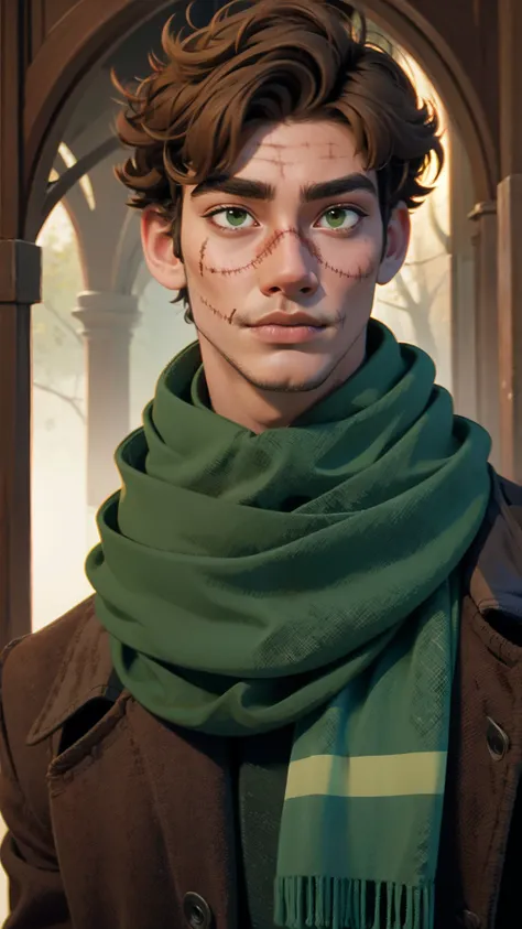 short brown hair, man with scarred face, stitches, striped scarf, green shirt