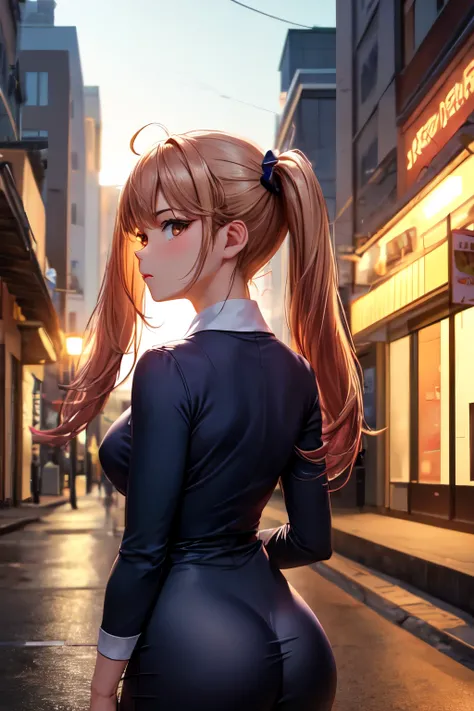 obra de arte, melhor qualidade, HuTaoV4, 1 garota, Sozinho, corar, twintails, Cabelo longo, cabelo entre os olhos, ((roupas de rua)), cidade, ao ar livre, noite, 8K extremamente detalhado, suave, high resolution, ultra qualidade, cinematic lighting, Ambien...