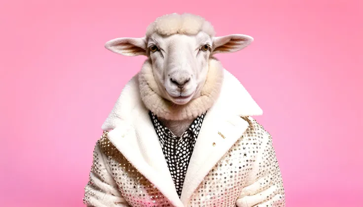 Creative animal concept. Sheep Lamb in glam fashionable couture high end outfits isolated on bright background advertisement