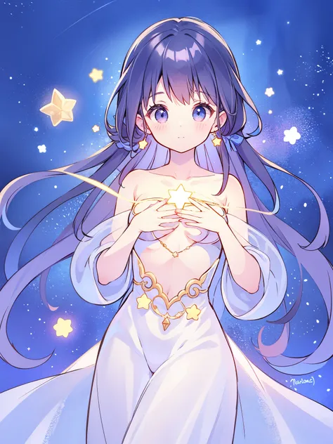 wishing star background, woman surrounded by flowing translucent fabric that reflects the stars, glowing star in front of womans chest, magical, complex drawing, highly detailed, ethereal, starry night, midjourney style