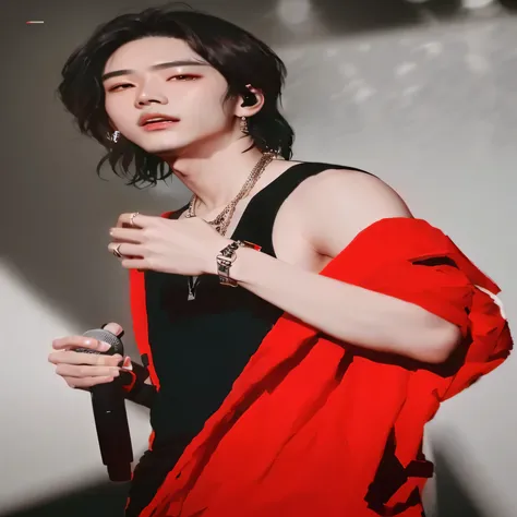 a closeup of a person holding a microphone and wearing a red jacket, cai xukun, jinyoung shin, sun yunjoo, retrato de jossi de blackpink, shaxi, Hong June Hyung, kim taejin, heonhwa choe, jia, Kim Doyoung, seson yoon, aparcar desde-min, por Yang J., hyung ...