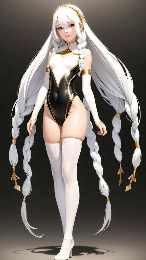 best quality, masterpiece,white hair, gold eyes,white clothes, (black stockings), looking up, full long body, hair strand,Fair skin,side braids