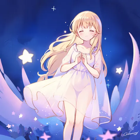 complex background, wishing star background, a woman wearing an ethereal mystical pink translucent dress that reflects the stars, dreamy, peaceful, serene composition, glowing stars, glowing, complex drawing, highly detailed, ethereal, starry night, midjou...