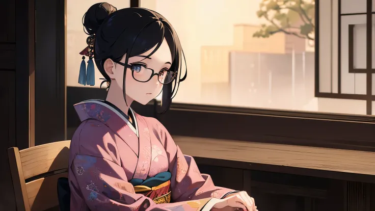 (1girl:1.3), Masterpiece, Best quality, amazing beauty, [[3D]], 4K, absurdres, finely detail, super detailed eye, perfect anatomy, official art, A beautiful girl looking into the distance in a traditional Japanese cafe, Warm lighting, Wearing a kimono, A k...