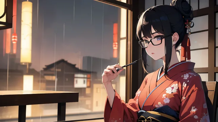 (1girl:1.3), Masterpiece, Best quality, amazing beauty, [[3D]], 4K, absurdres, finely detail, super detailed eye, perfect anatomy, official art, A beautiful girl looking into the distance in a traditional Japanese cafe, Warm lighting, Wearing a kimono, A k...