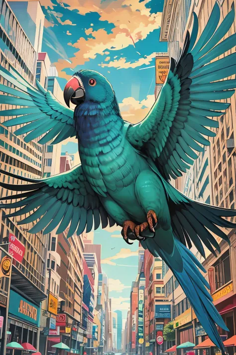 Vibrant and eye-catching parrot advertising poster, Featuring a lively and colorful parrot in mid-flight, Holding a tagline or slogan in its beak, Detailed feather textures, Realistic rendering with lifelike expressions, Bold and dynamic composition, Clear...