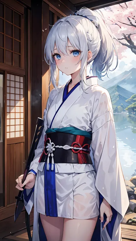 ,girl,Best image quality,,Silver Hair,,blue eyes, White skin,,Long Hair,ponytail,Half,,Wet with sweat,sword,naked,,kimono,Similarly,armor,Fuji Mountain,,Cherry tree,SakuraFubuki,small,,,