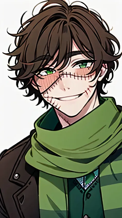 short brown hair, man with scarred face, stitches, striped scarf, green shirt, brown coat, black pants, boots, smile, close up