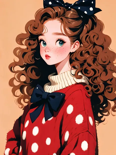 (masterpiece, highest quality:1.2), Beautiful girl,Soft hair Curly hair,Big Bow,Polka dot sweater,Small freckles,