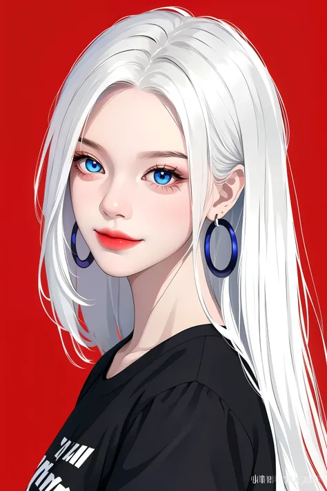 1 cute girl,white hair,straight_hair,long hair,hair wings,hoop_earrings,blue eyes,black short sleeve T-shirts,solid color background, cold expression, simple background, minimalist, evil smile, facing the camera, looking at the audience