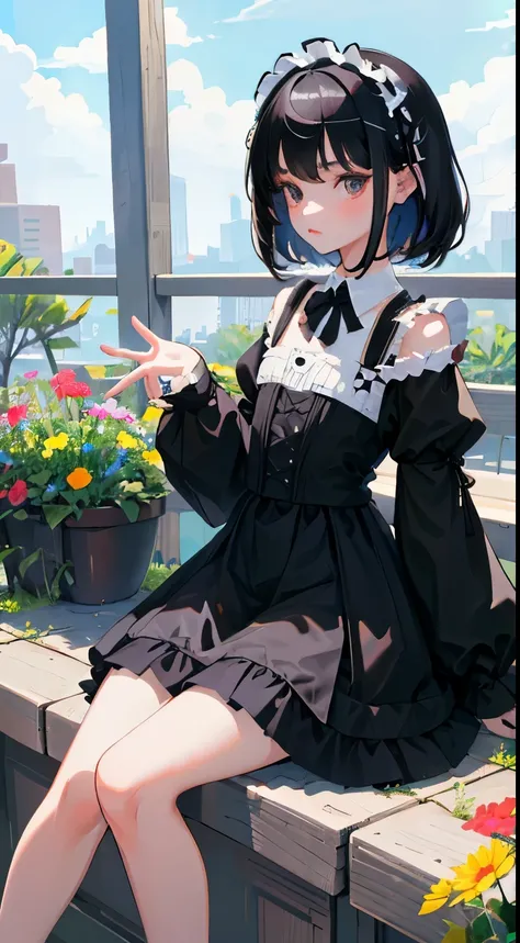 (Short cute girl，Small young student，Young delicate girl）,（masterpiece，Top quality)，Black Hair，Sleepy expression，Black Lolita Clothing，race，mini skirt，garden