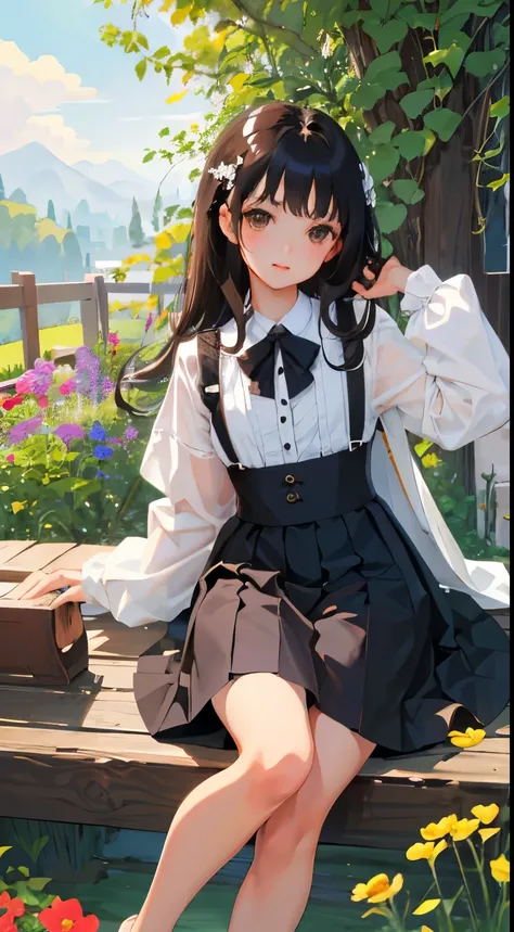 highest quality，Beautiful face in every detail，cute，Brown Eyes，(背の低いcute女の子，Small young student，Young delicate girl）,（masterpiece，Top quality)，Black Hair，Sleepy expression，Black Lolita Clothing，race，mini skirt，garden