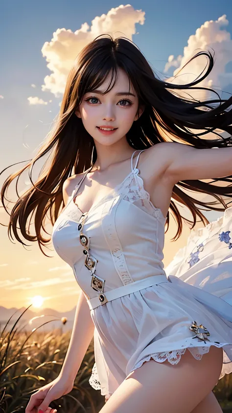 very cute and beautiful girl,White frilly sundress with fine lace,(Very beautiful face and eyes:1.2),smile
ひまわり畑の真ん中に立つ,Beautiful summer sky,
Mid Shot,(smile),Black Hair,Dynamic pose,Leg Details,
(highest quality,masterpiece:1.2),Absurd,High resolution,Ver...