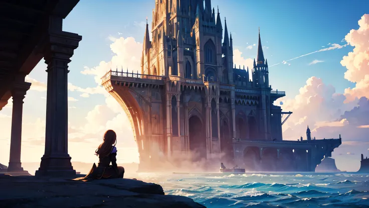 girl watching the horizon, fantasy world