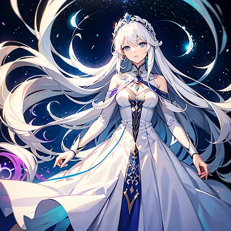 Goddess, white hair, long hair, blue eyes, white dress, long dress, astral space, purple light, best quality, masterpiece