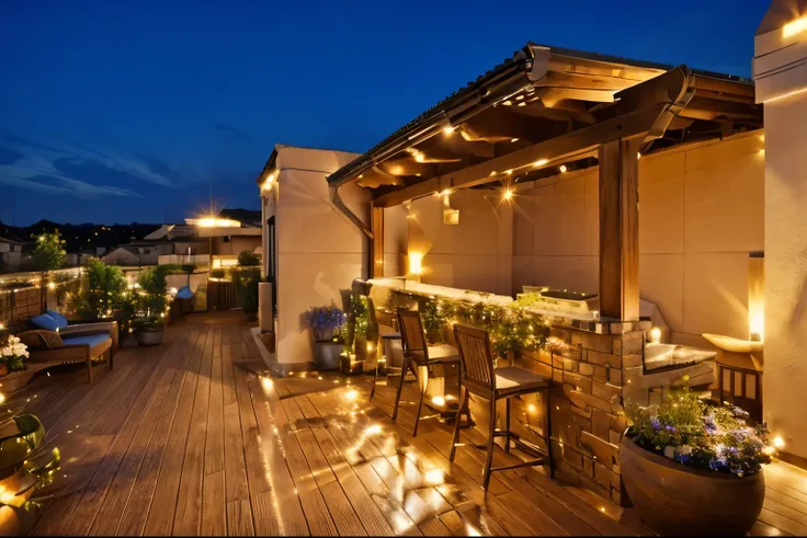 Realistic photo of an open terrace in the evening