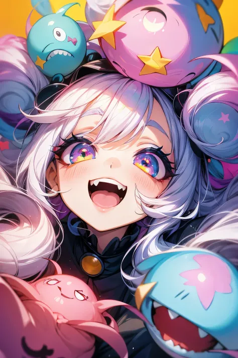 Girl, fluffy hair, colorful hair, long hair, big eyes, white eyelashes, long eyelashes, colorful eyes, round eyes, stars in the eyes, open mouth, jagged teeth, joy, pop, cute, Colorful, happy pose, dynamic, pastel, (colorful:1), (sketch:0.3), (hyper pop:1)...