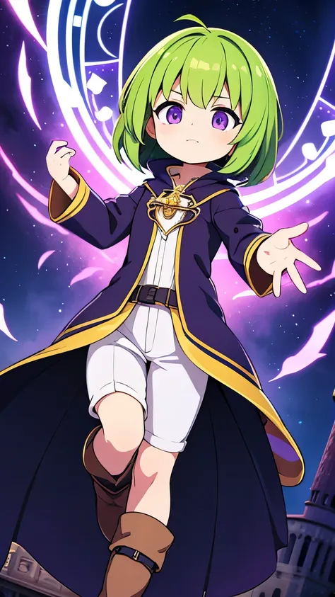 Unknown gender,Age unknown,Yellow-green curly bob hair,Purple eyes,White light clothing,Boots underfoot,Holding out his hand, he casts a spell,Flying in the sky,Wizard