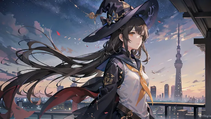 A girl with short dark brown lob hair stands on the rooftop of a high-rise building overlooking Tokyo and the Skytree late at night.、紺色のリボンの白と黒のSailor suitを着ている高校生、She wears a large witch&#39;s hat with a small sapphire accessory、A few star creams、Beautifu...