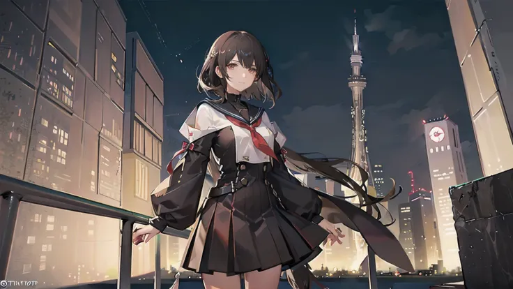 A girl with short dark brown lob hair stands on the rooftop of a high-rise building overlooking Tokyo and the Skytree late at night.、紺色のリボンの白と黒のSailor suitを着ている高校生、She wears a large witch&#39;s hat with a small sapphire accessory、A few star creams、Beautifu...