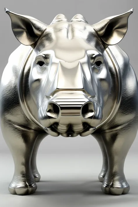 ((high quality)), ((3d model)), (detail), Metallic 3D image of a silver sculpture of a huge rhino head including the trunk which in pointed up . The mouth of the rhino is oversized, wide open and the mouth is mixed with a ring hoop .The entire sculpture is...