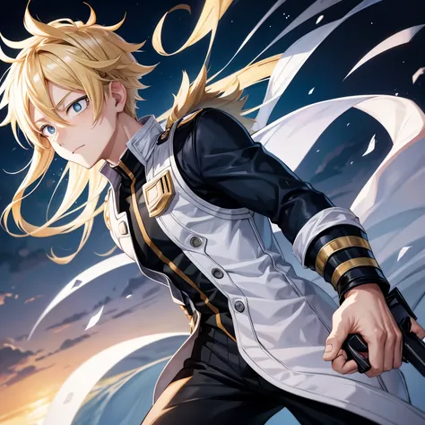 a blonde boy from the anime my hero academia wearing a black and blue hero costume