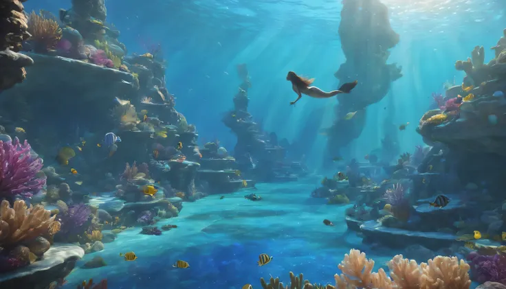 MERMAIDS, BEST QUALITY, FULL HD, 8K, The scene depicts a profoundly cinematic and high-quality setting, captured from great depths, showcasing the lush beauty of the underwater world. The image unveils a hidden underwater sanctuary, revealing the realm of ...