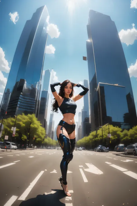 office in a skyscraper in a big city, a female cyborg adopts various poses to show off her personality, lying down, dancing, jum...