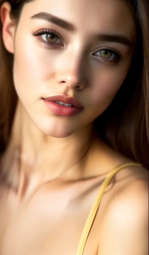 , Fashion model 25 years old [[[[close-up]]], [[[[chest]]]], [[[[neck]]], [shoulders]]]]], Perfect eyes, Perfect iris, Perfect lips, Perfect teeth, Perfect skin, Soft front light, Glow, HDR, (Soft color: 1.2)