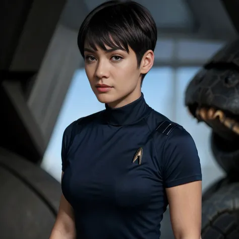 a close up of a person in a suit with a short haircut wearing a blue shirt and a black turtle neck t - shirt, Eve Ryder, star trek, a character portrait, dau-al-set, detailed, award winning, ultra realistic