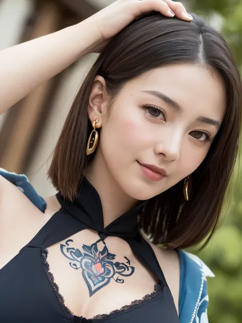 (sfw:1.5)、High resolution symmetrical images, Girl and Horihada, Yakuza, Japanese Mafia, Movie photo of Japanese cartel leader with tattoos on waist, chest and arms, Cleavage、((Close-up face:1.2))、Upper body portrait、(((Full body tattoos)))、 (Lotus tattoo)...