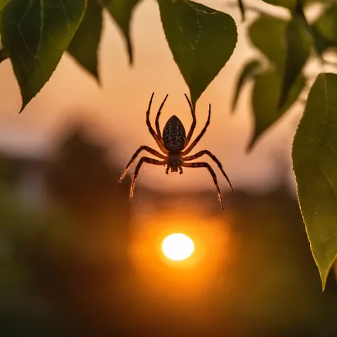 Show me a photo of a spider on a spiderweb on a tree branches during a nice sunset.