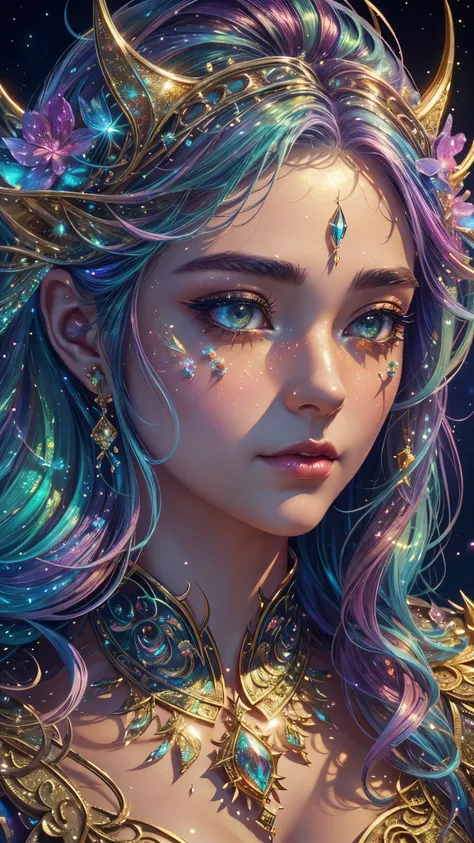 this is a highly detailed and semi-realistic fantasy art image with beautiful layers of shimmer, glimmering silks, and a glitter...