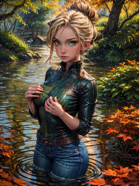 masterpiece, best quality, autumn outfit, colorful hair, outdoor,upper body, colorful autumnal clothes, ((fully clothed)), warm clothes, wet clothes, soaked, drenched, excited, wet hair, wet and slimy, water up to her chest, submerged, fantasy environment,...