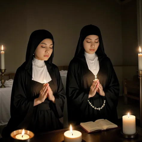 best quality,ultra-detailed,realistic:1.37,nun,religious,gentle expression,pious,black robe,rosary beads,candle light,sacred,pea...