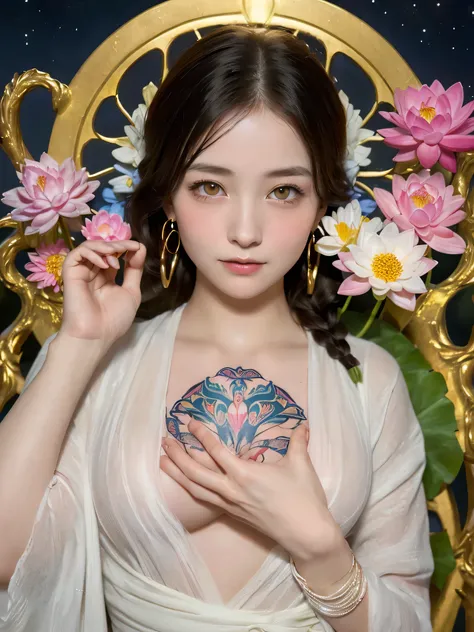 (sfw:1.5)、High resolution symmetrical images, 21 years old, Japan, Movie photo with tattoos on waist, chest and arms, Cleavage、((Close-up face:1.1))、Upper body portrait、(((Full body tattoos)))、 (Lotus tattoo)、 ((Close-up chest:1.5, Underarm, 胸のAngle from b...