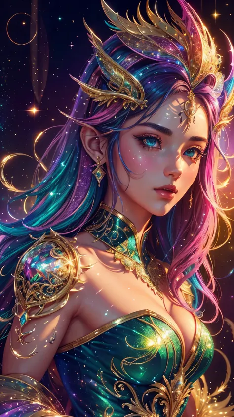 this is a highly detailed and semi-realistic fantasy art image with beautiful layers of shimmer, glimmering silks, and a glitter...