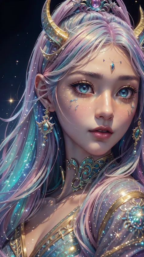 this is a highly detailed and semi-realistic fantasy art image with beautiful layers of shimmer, glimmering silks, and a glitter...