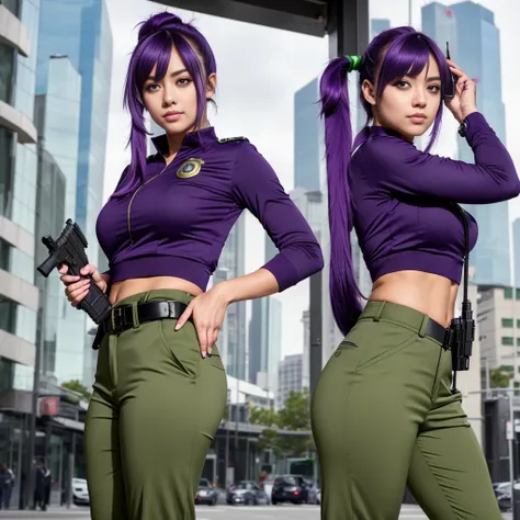 ((masterpiece)), ((best quality)), ((highres)), 1girl, solo, police officer, (matching pants, slacks), city backdrop, (holding and aiming pistol, detailed pistol, glock 22, trigger discipline), standing, medium hair, (purple hair, twintails), (green eyes),