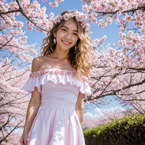 art by cornflower, dreamy, cherry_blossoms, falling_petals, petals, branch, pink_flower, 1girl,20-year-old, blue_sky, spring_(se...