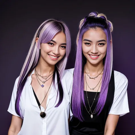 masterpiece,1girl,solo, light smile, metal necklace, white shirt, modern , accessories, two-tone hair color in purple and black,...